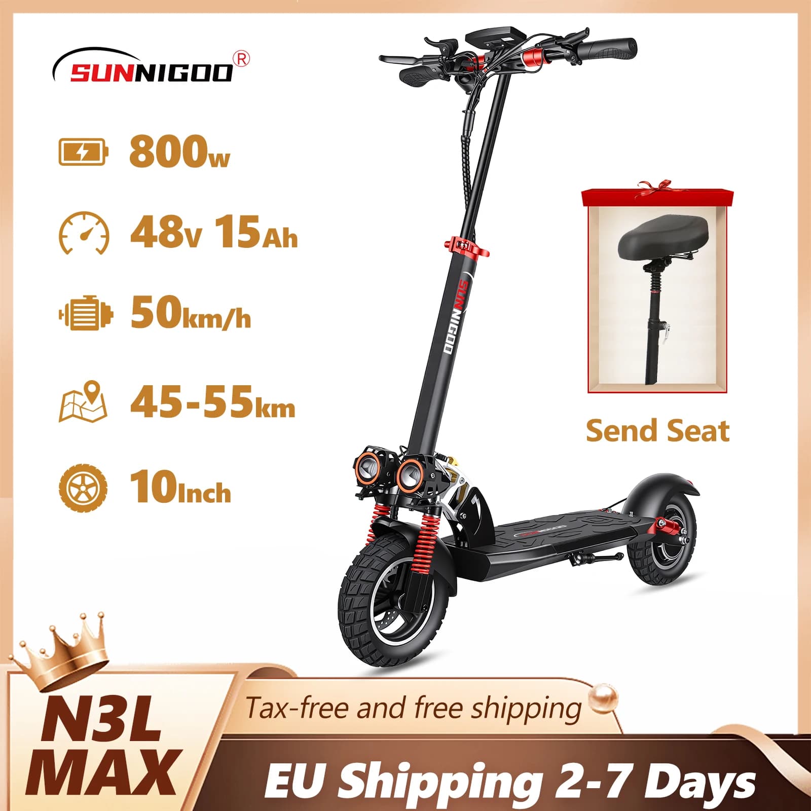 Nuovo Scooter Elettrico Potenziato 800W, 48V 15Ah, Velocità Massima 50km/h, Autonomia 55km, Pneumatici 10'', Doppio Freno, Ammortizzatori,