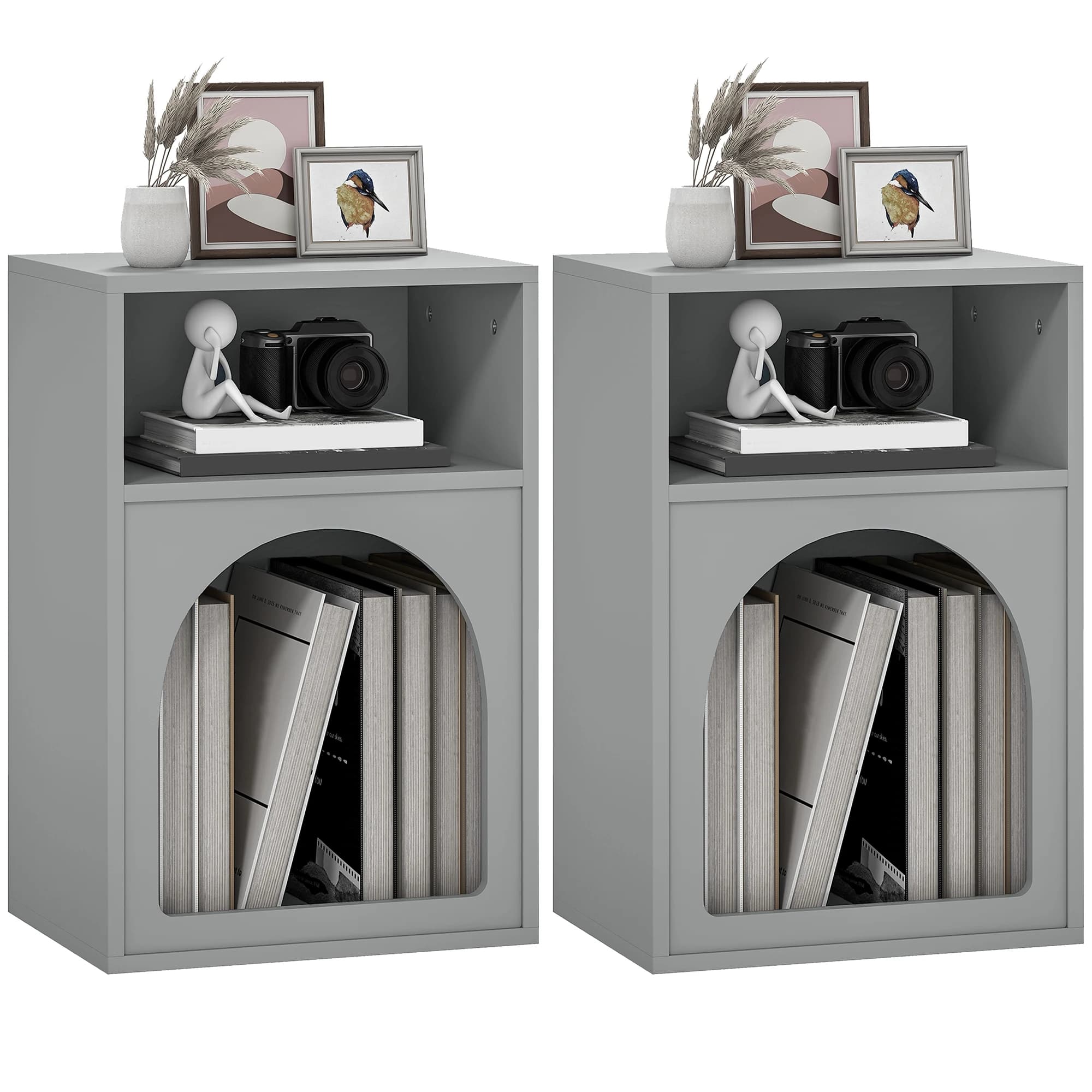 HOMCOM set di 2 comodini, tavolini da notte con scomparti aperti, design arqué, 40x30x60 cm, Grigio
