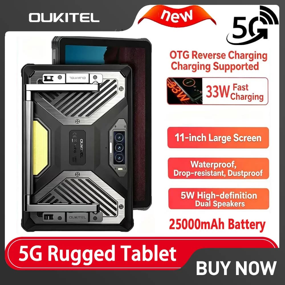 OUKITEL RT10 Tablet Robusto 5G con CPU MTK 7400X, Schermo FHD+ IPS da 11 Pollici, Batteria 25000mAh, 12GB (+24GB) RAM, 512GB, Fotocamera 64MP, Android
