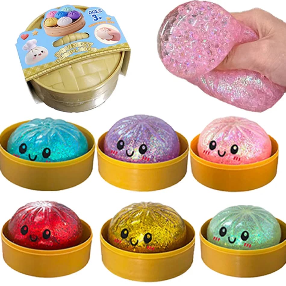 Nuovo Set da 1-6 Pezzi di Squishy a Forma di Raviolo con Glitter, Giocattolo Sensoriale Antistress con Scatola
