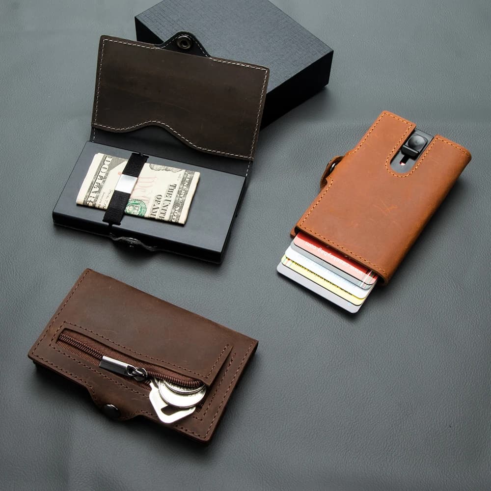 Portafogli da uomo CASEKEY Porta carte di credito da lavoro pop-up in vera pelle di mucca Porta carte di credito con blocco RFID Portafoglio sottile e
