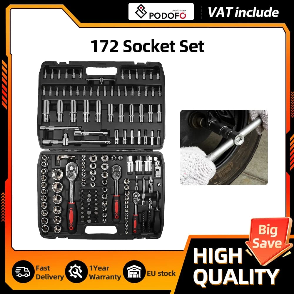 Podofo Set di Attrezzi per Meccanica Auto da 172 Pezzi, Chiavi a Bussola da 1/4"-1/2", Cacciaviti, Chiavi a Cricchetto con Scatola Portaoggetti