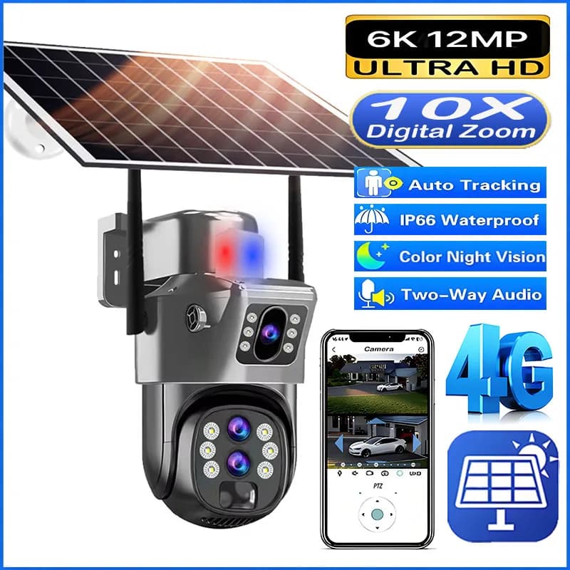 10X Zoom 4G SIM Card Telecamera solare esterna Tre lenti 6K 12MP Wireless PTZ Sorveglianza CCTV PIR Motion Detection Telecamera di sicurezza