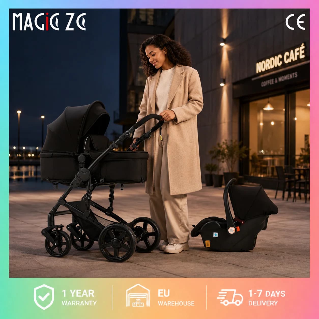 Sistema da viaggio 3-in-1 per passeggino con seggiolino auto per neonati e navicella convertibile reversibile, passeggino compatto pieghevole con una