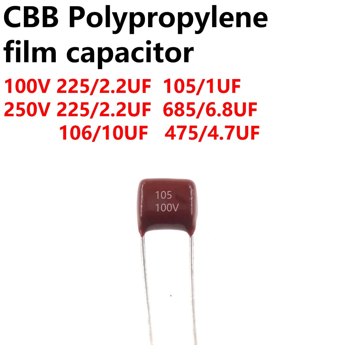 20 pz condensatore CBB 100V 225 2.2UF 105 1UF 250V 475 4.7UF 225 2.2UF 685 6.8UF 106 10UF 105 1UF