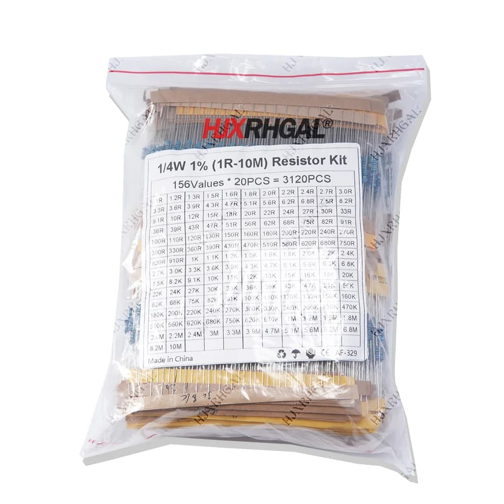 3120 pz 156 Valori Unità Elettrica 1/4 W Potenza Kit Resistore a Film Metallico 1R-10M 1% Tolleranza Assortimento Set 1ohm-10Mohm campioni confezione