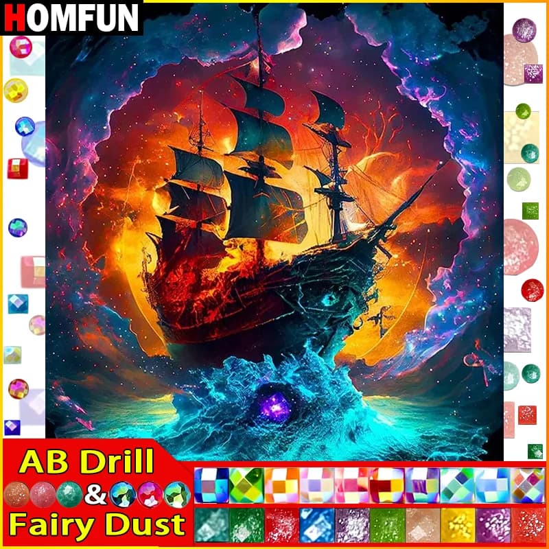 HOMFUN Fata Polvere AB 5D FAI DA TE Diamante Ricamo Visualizzazione Completa "Paesaggio Barca" Pittura Diamante Quadrato/Rotondo Strass Decor Art