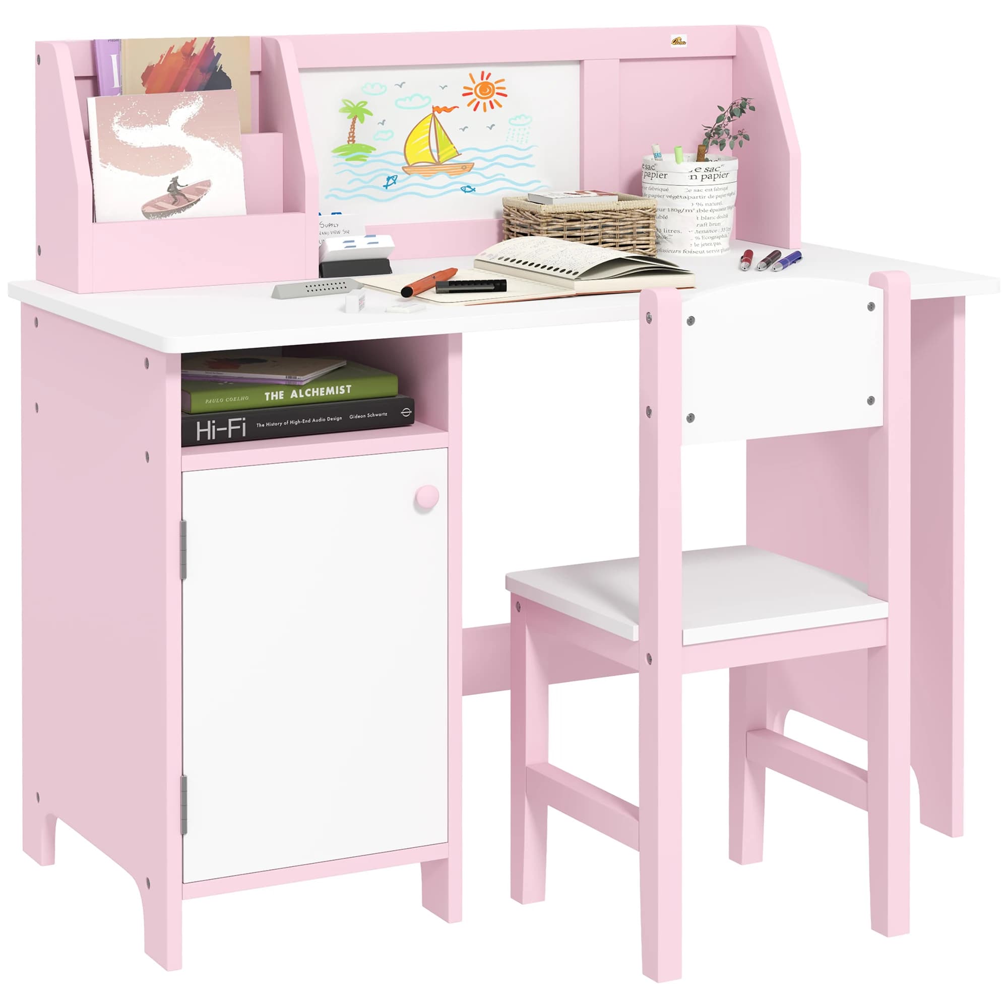 HOMCOM Set tavolo e sedia per bambino con lavagna bianca per bambini dai 5 anni in su 90L x 45L x 85H cm rosa