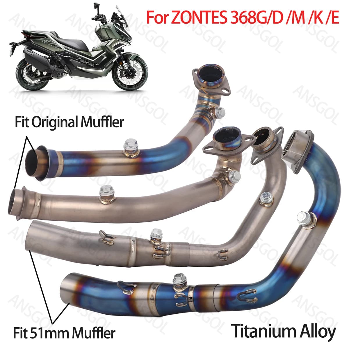 Sistema di Scarico Zontes ZT368G 2024-2026, Tubo Collettore in Lega di Titanio, Silenziatore, Tubo di Collegamento Anteriore per Zontes 368G/D/M/K/E