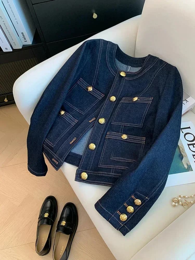 Top in denim blu donna autunno cappotto corto stile classico nuova moda coreana tasche chic o-collo femminile chaquetas larghe Ropa De Mujer