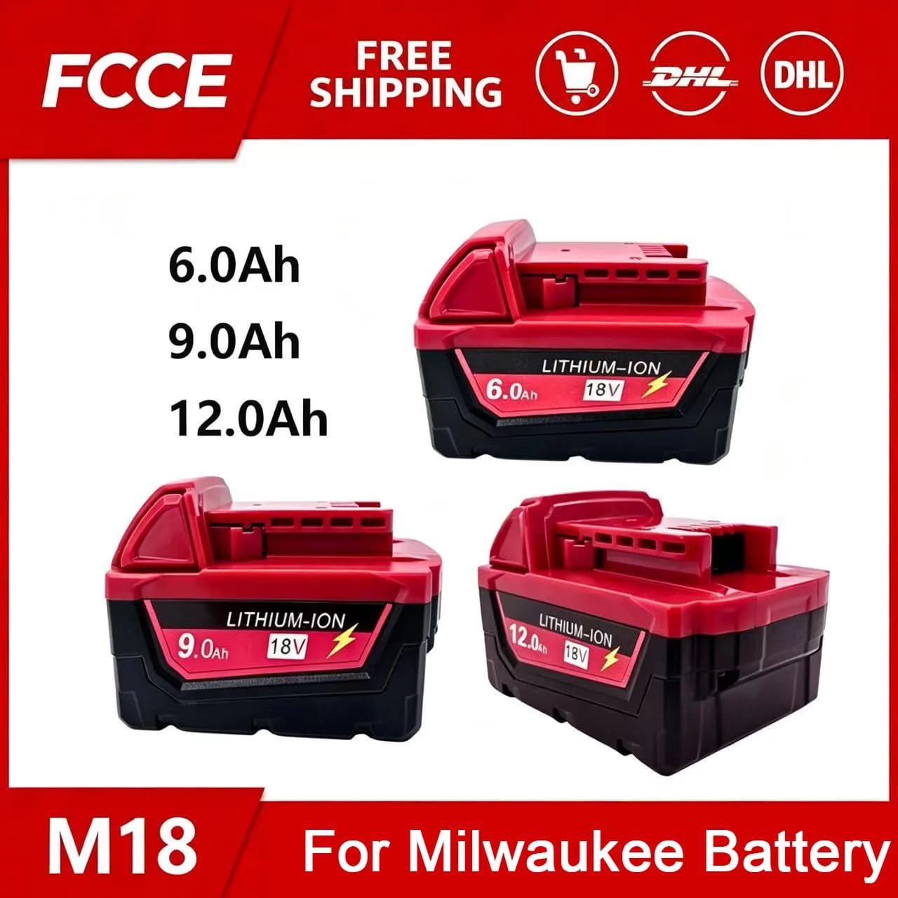 Batteria per Utensili Elettrici Milwaukee M18, Caricabatterie, BR, XC, 18V, 6000mAh M18B5, 48-11-1860, Batteria Integrata 18650 6.0Ah 9.0Ah 12.0Ah