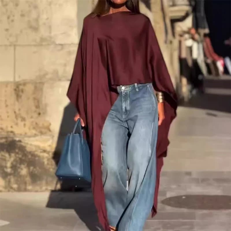 Camicette eleganti da pendolarismo in tinta unita Autunno Casual O Collo Camicia con maniche a pipistrello Moda donna High Street Pullover irregolare