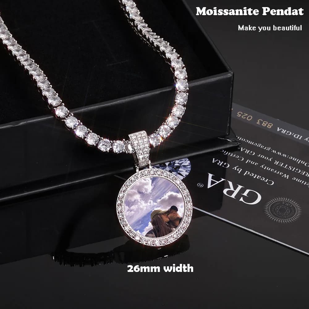 Gioielleria raffinata Cerchio Immagine di memoria Medaglioni Moissanite Collana con ciondolo con foto personalizzata in argento sterling 925 per uomo