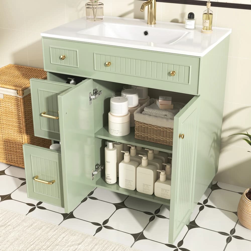 Mobiletto da bagno moderno in piedi con lavabo in ceramica, superficie verniciata, spazio di archiviazione multifunzionale e piedini in legno