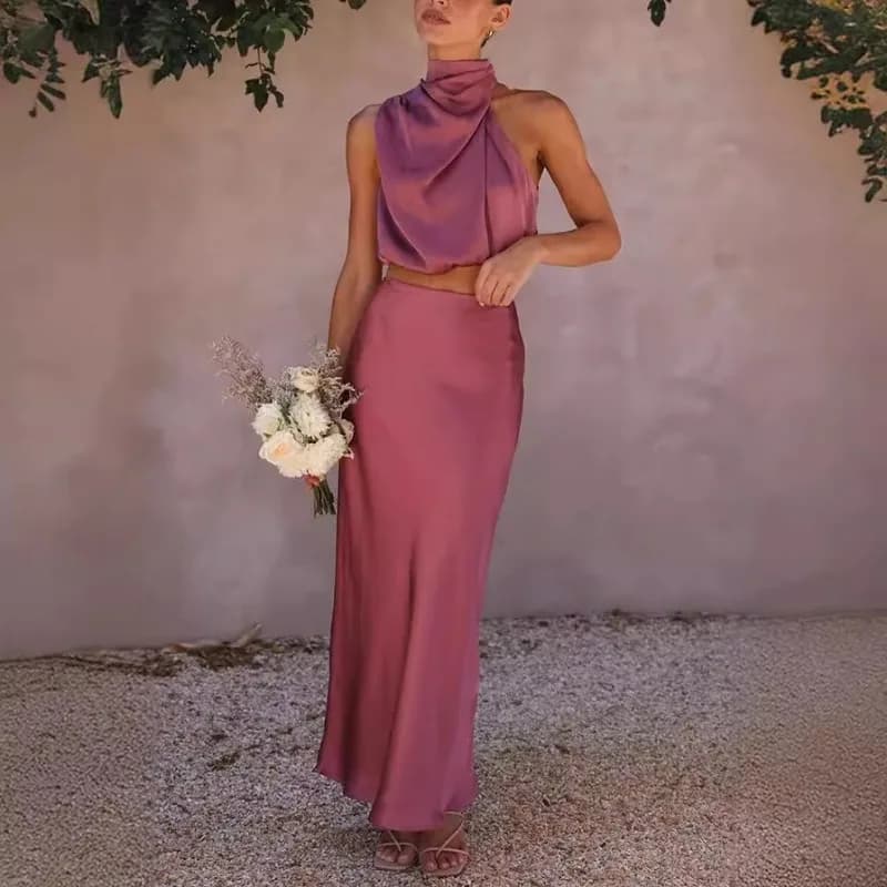Completo Estivo 2026 da Donna in Raso: Top Corto Elegante a Collo Alto Senza Maniche e Gonna Lunga a Vita Alta, Set Sexy Due Pezzi