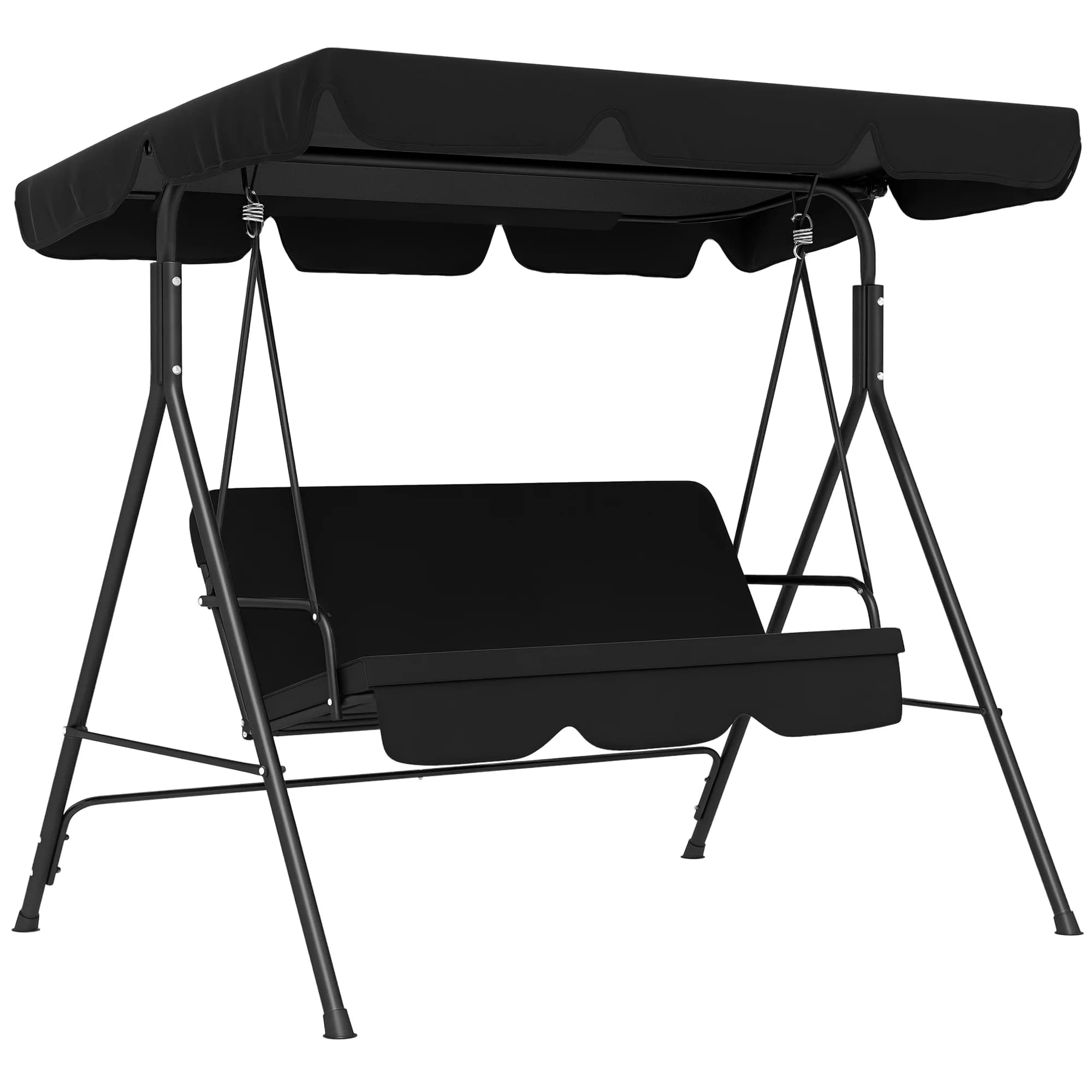 Dondolo da giardino Outsunny a 3 posti con tetto regolabile, cuscini per seduta e schienale, 1,72x1,1x1,53 m, in poliestere nero e acciaio nero