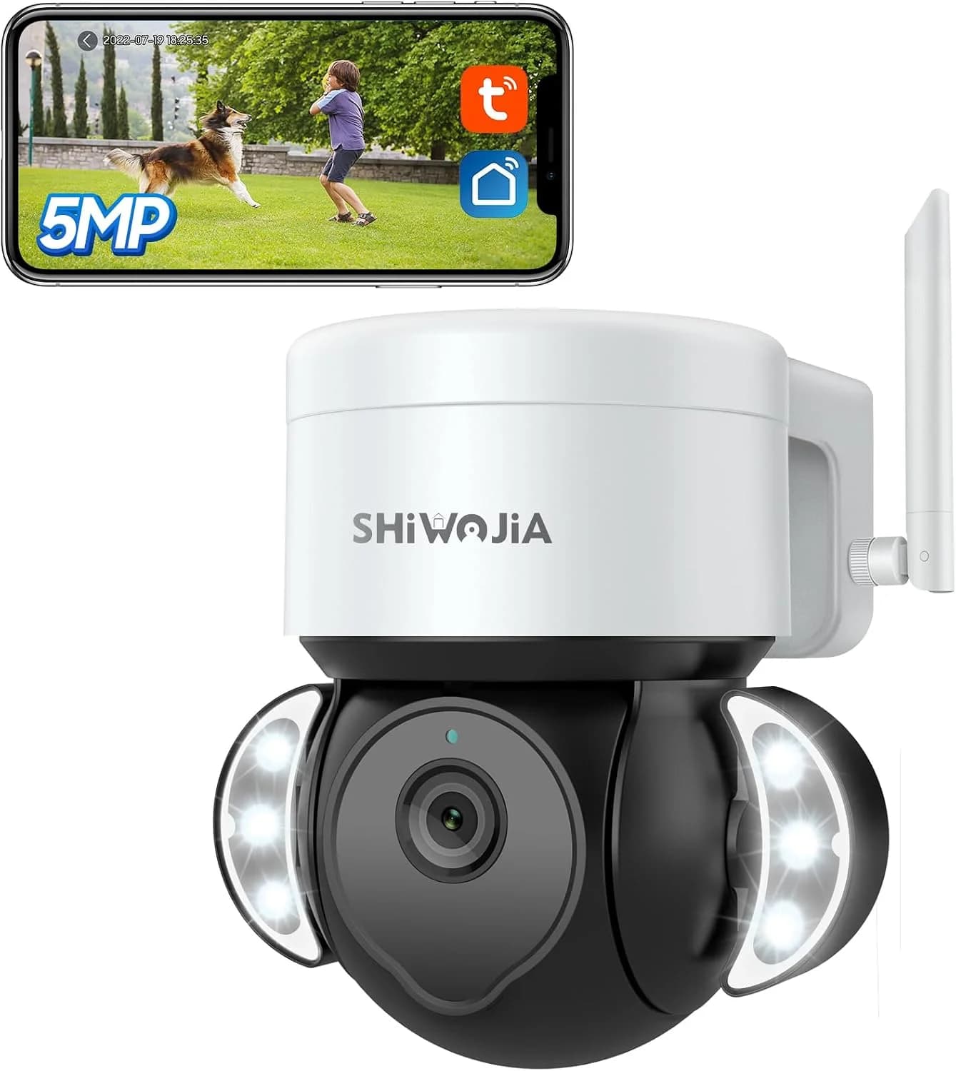 Telecamera di Sicurezza SHIWOJIA 5MP con Faretto WiFi Tuya Smart Life, Rilevamento Movimento AI, Audio Bidirezionale e Visione Notturna a Colori