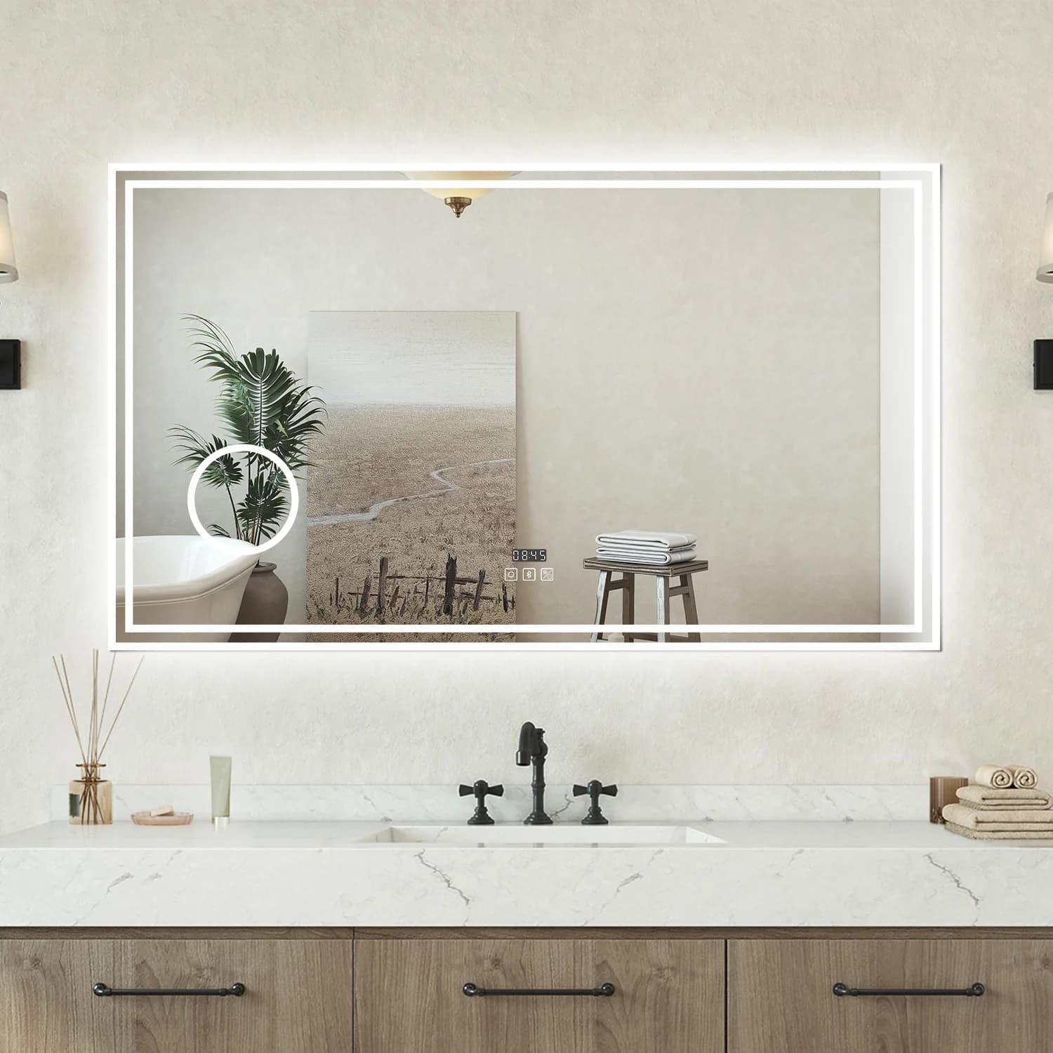 80/120 cm Specchio Luminoso da Bagno con Bluetooth, 3 Luci LED, Regolabile, Lente d'Ingrandimento, Orologio, Anti-Appannamento e Memoria