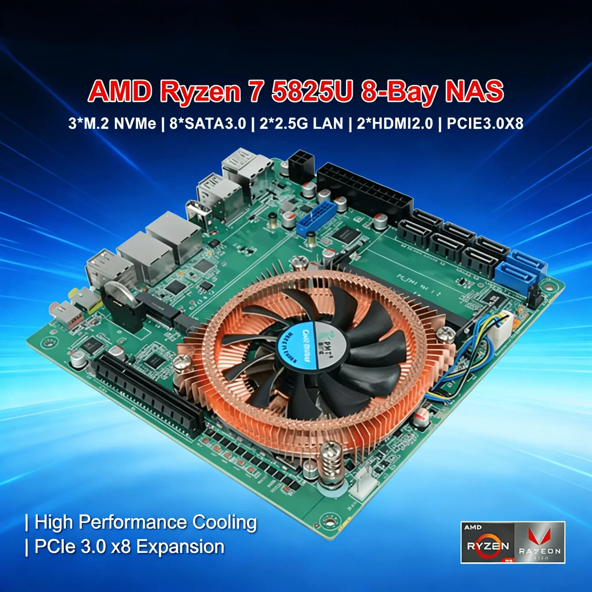 Scheda Madre NAS a 11 Bay con AMD Ryzen 7 5825U, Mini ITX, Doppia LAN 2.5G, Doppia M.2 NVMe, 6 Porte SATA, Server Domestico Fai-da-Te