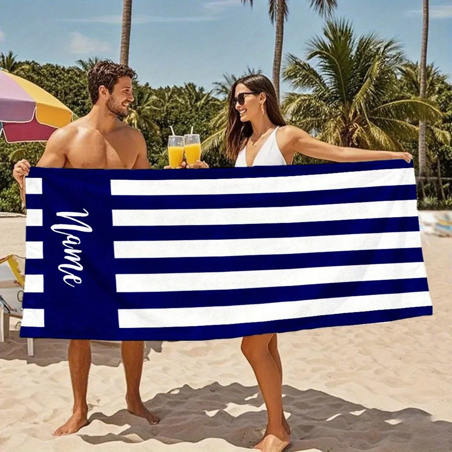Telo Mare Personalizzato a Righe con Nome/Logo, Asciugamano Oversize in Microfibra, Regalo Estivo per Spiaggia, Nuoto, Bagno, Sport