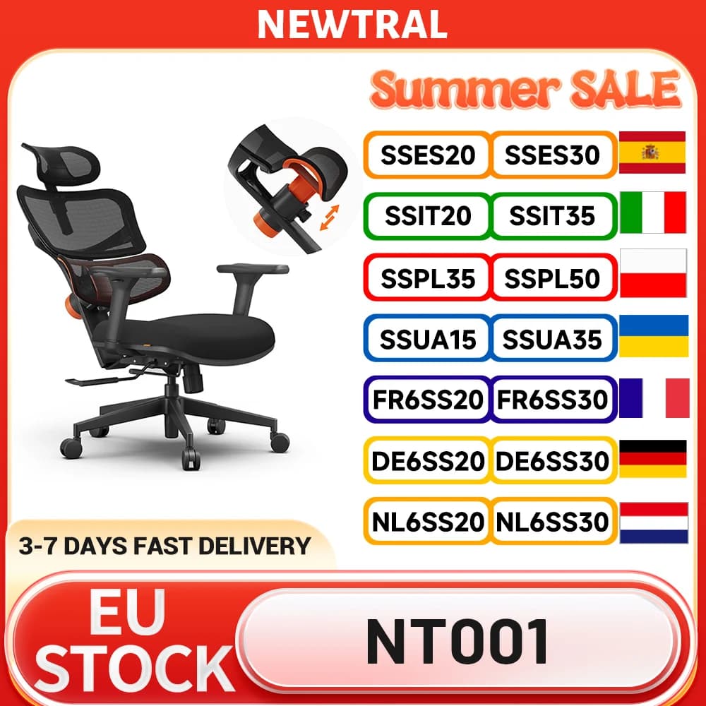 Sedia NEWTRAL Standard NT001 con Supporto Lombare Adattivo, Sedia Ergonomica con Braccioli e Poggiatesta Regolabili, Base in Nylon
