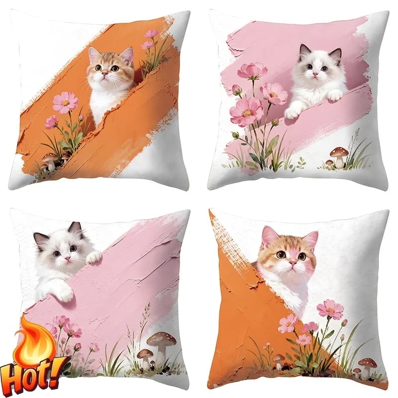 1/4 pezzi di graziose fodere per cuscini con stampa floreale e gatti, morbide e decorative, per divano e camera da letto.