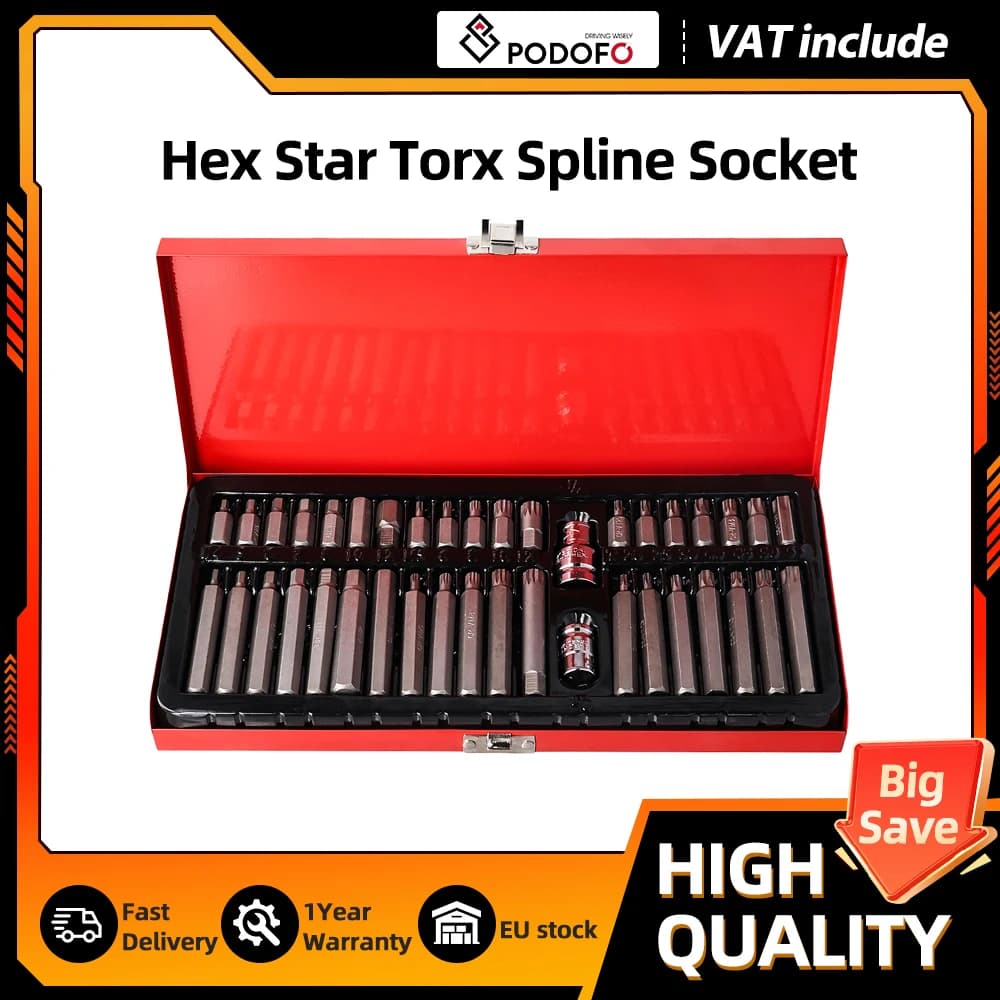 Set di 40 Pezzi di Chiavi a Bussola Podofo, Attacchi Esagonali, Torx e Spline da 1/2 e 3/8 di Pollice per Riparazione Auto con Custodia