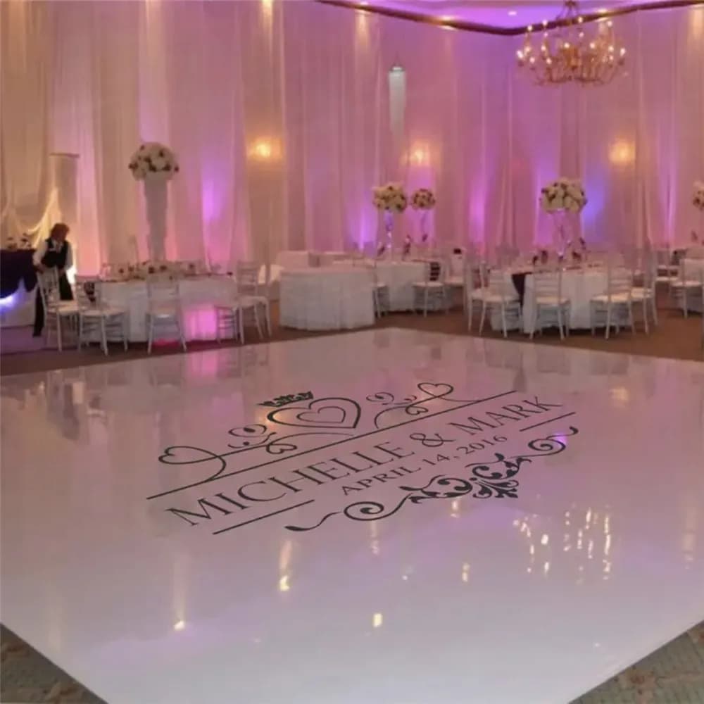 Decalcomania in vinile per pista da ballo per matrimonio, nome personalizzato e data, adesivi murali, cartello per matrimonio, decorazione a specchio