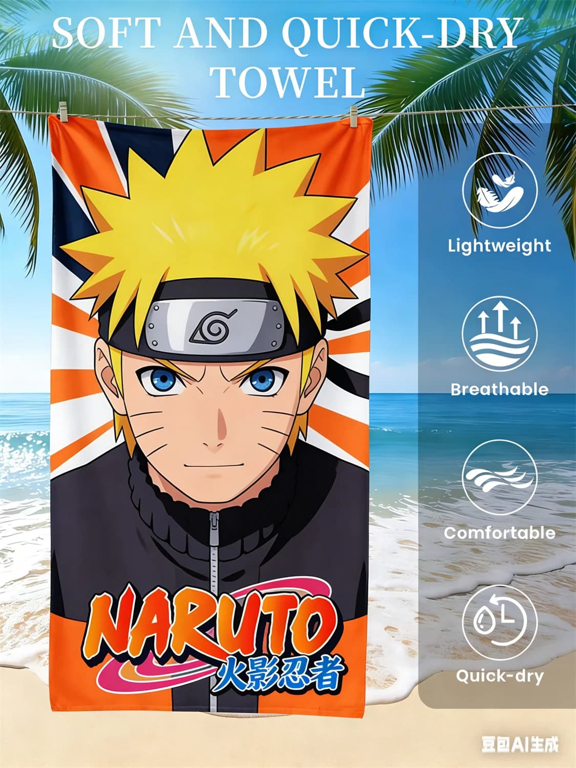 Asciugamano da spiaggia Naruto, asciugamano ad asciugatura rapida con stampa del personaggio preferito dai fan degli anime, per spiaggia, piscina,
