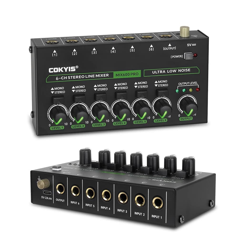 Mixer di linea stereo a rumore ultra basso a 6 canali Mini mixer audio professionale con luce RGB DC5V Mixer audio facile da usare