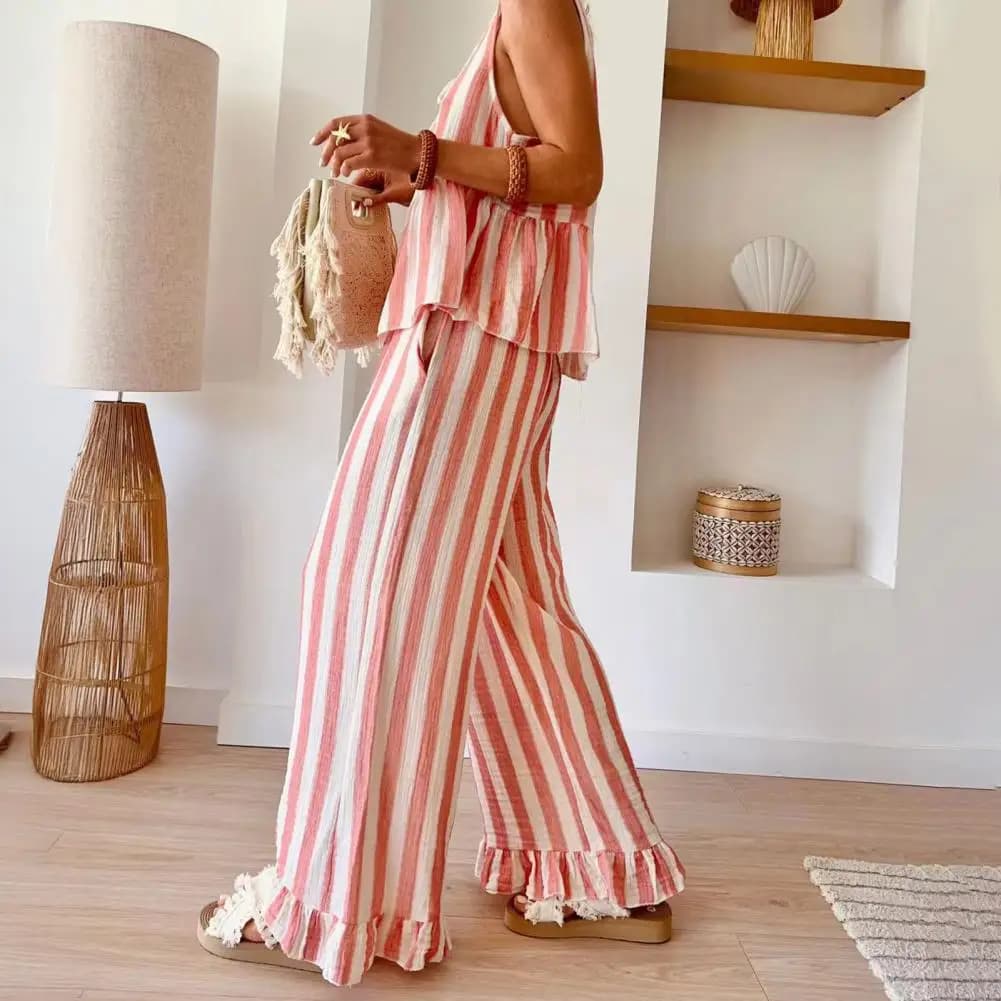 Completo in fibra di poliestere Canotta a righe Pantaloni a gamba larga Set per donna Completo coordinato da salotto Set da due pezzi da spiaggia