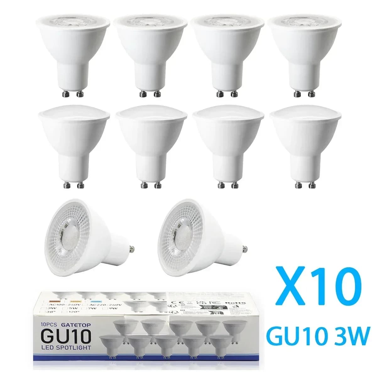 Confezione da 10 Lampadine LED GU10 3W, Faretto 220V, Luce Bianca Calda 3000K-6000K, Adatte per Casa ed Edifici Commerciali