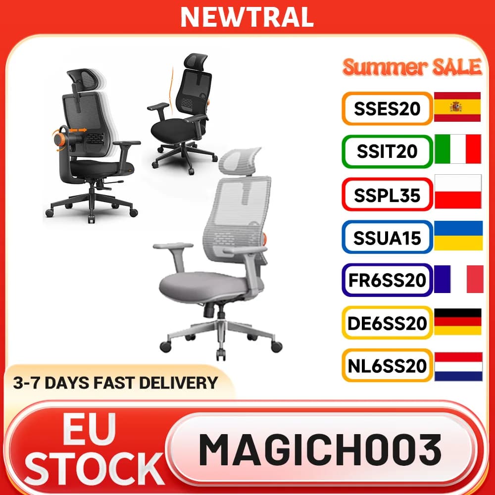 Sedia Ergonomica NEWTRAL MAGICH003, Schienale Auto-Adattante, Poggiatesta Regolabile, Profondità del Sedile Regolabile, Supporto Lombare Adattivo, 3D