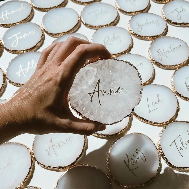 Sottobicchieri Personalizzati in Resina Agata, Segnaposto Dorati per Matrimoni e Feste, Decorazione Tavola, Bomboniere