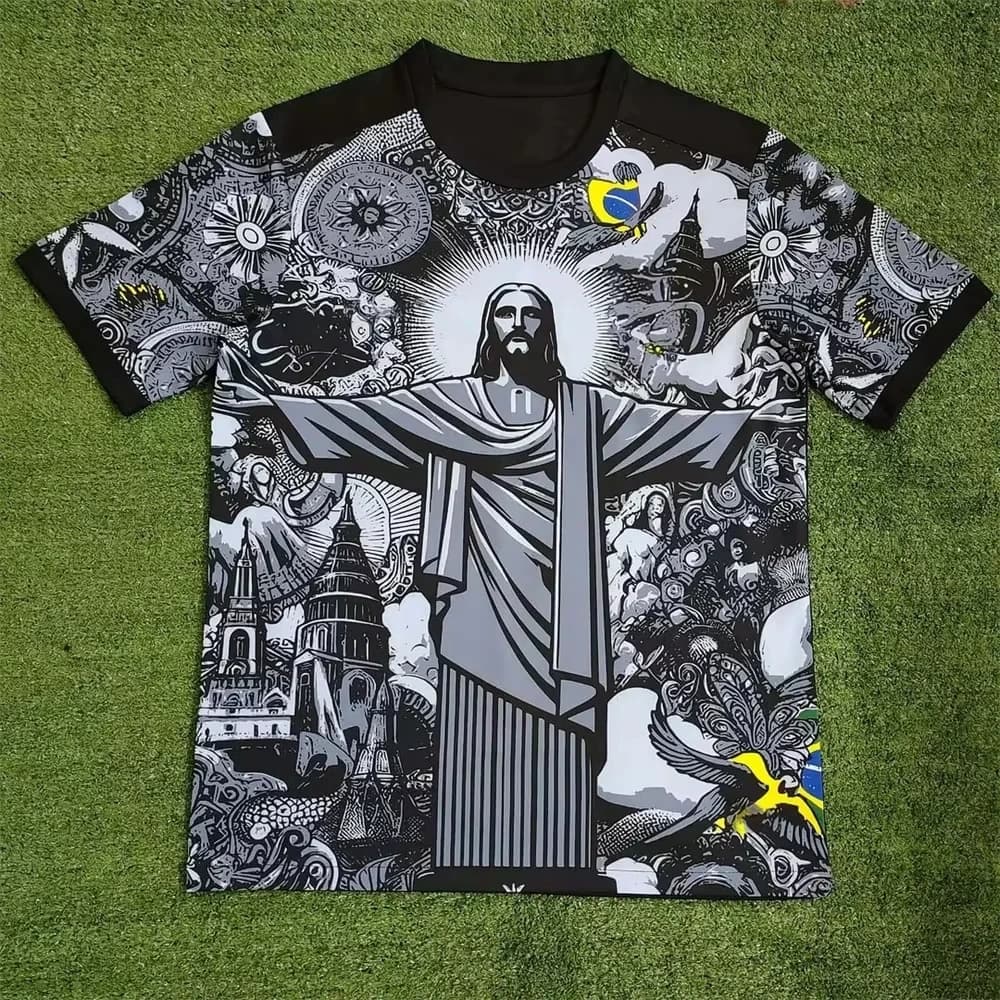 Top da allenamento estivo per calcio Brasile Edizione speciale Gesù Maglia da calcio nera grigia T-shirt da esterno ad asciugatura rapida da donna
