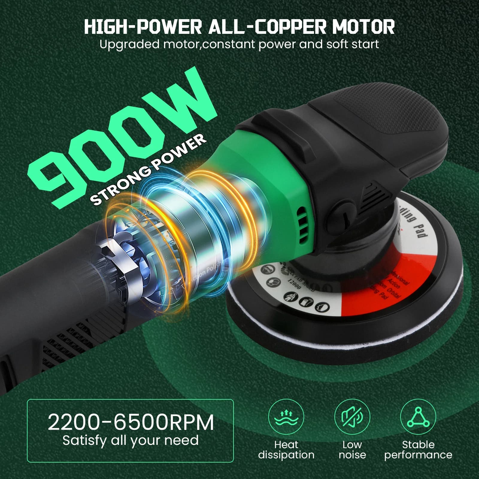 Lucidatrice per auto da 900W, orbitale a 6 velocità 6.500 giri/min, con maniglia a D e maniglia laterale, per lucidare, cerare e levigare.
