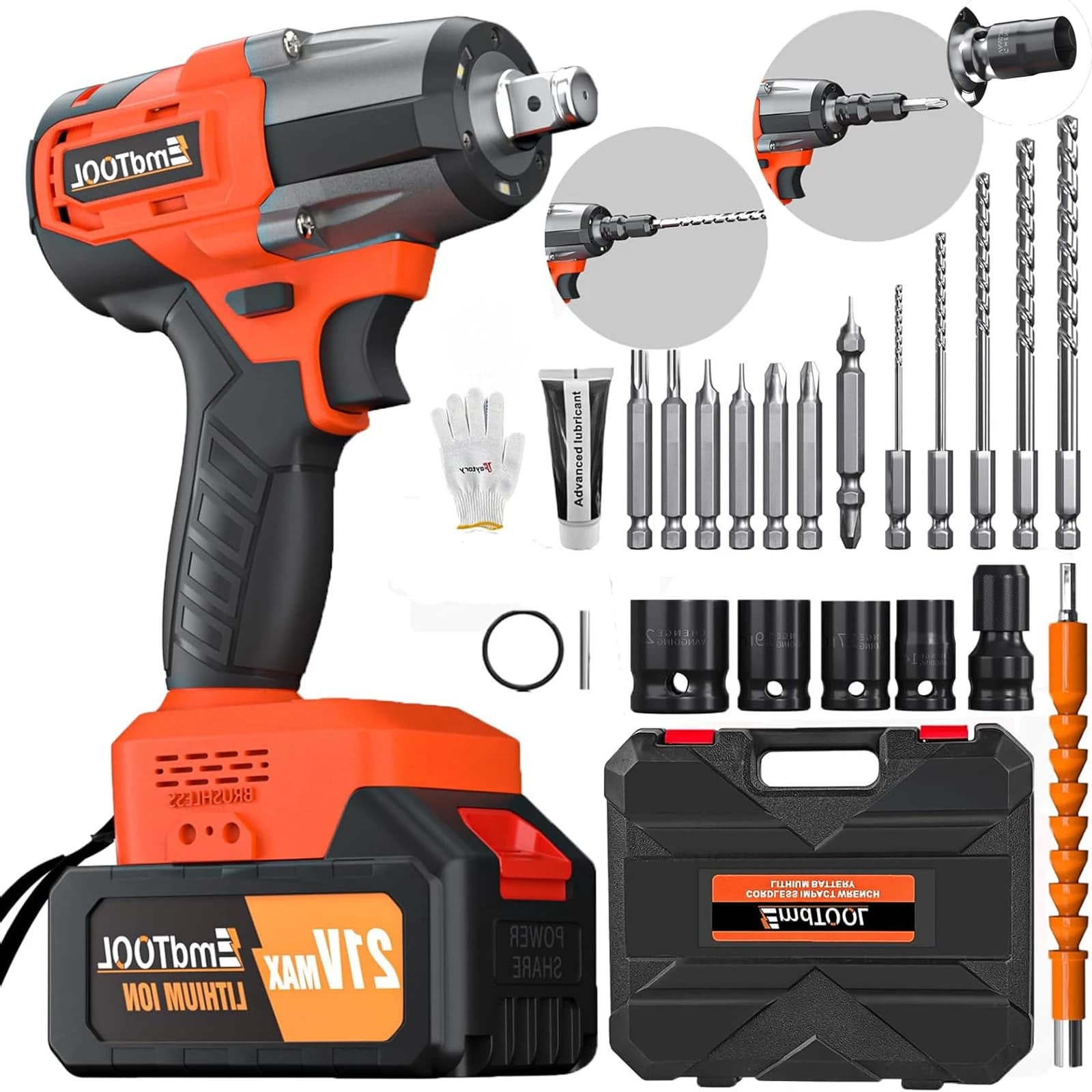 Avvitatore a impulsi senza fili, pistola a impulsi elettrica brushless da 1/2 pollice, chiave elettrica da 2500 RPM, coppia massima 550 N.m con 4