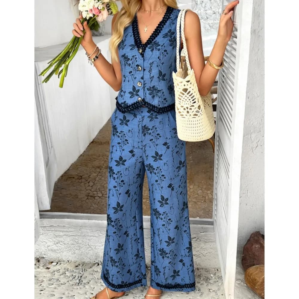 Primavera Estate Bohemian stampato cardigan in pizzo gilet pantaloni lunghi da donna 2 pezzi moda casual elegante tasca femminile pantaloni lunghi set