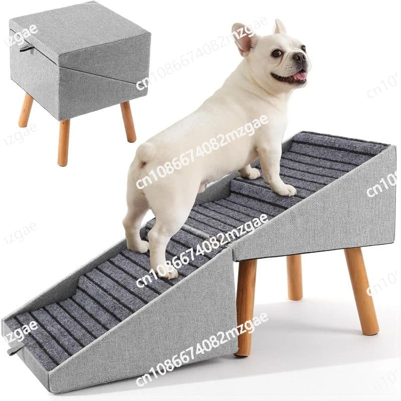 Scaletta e Sgabello Pieghevole in Legno 2 in 1 per Animali Domestici, Gradini e Rampa per Cani di Piccola Taglia, Scala Multifunzionale e Poggiapiedi