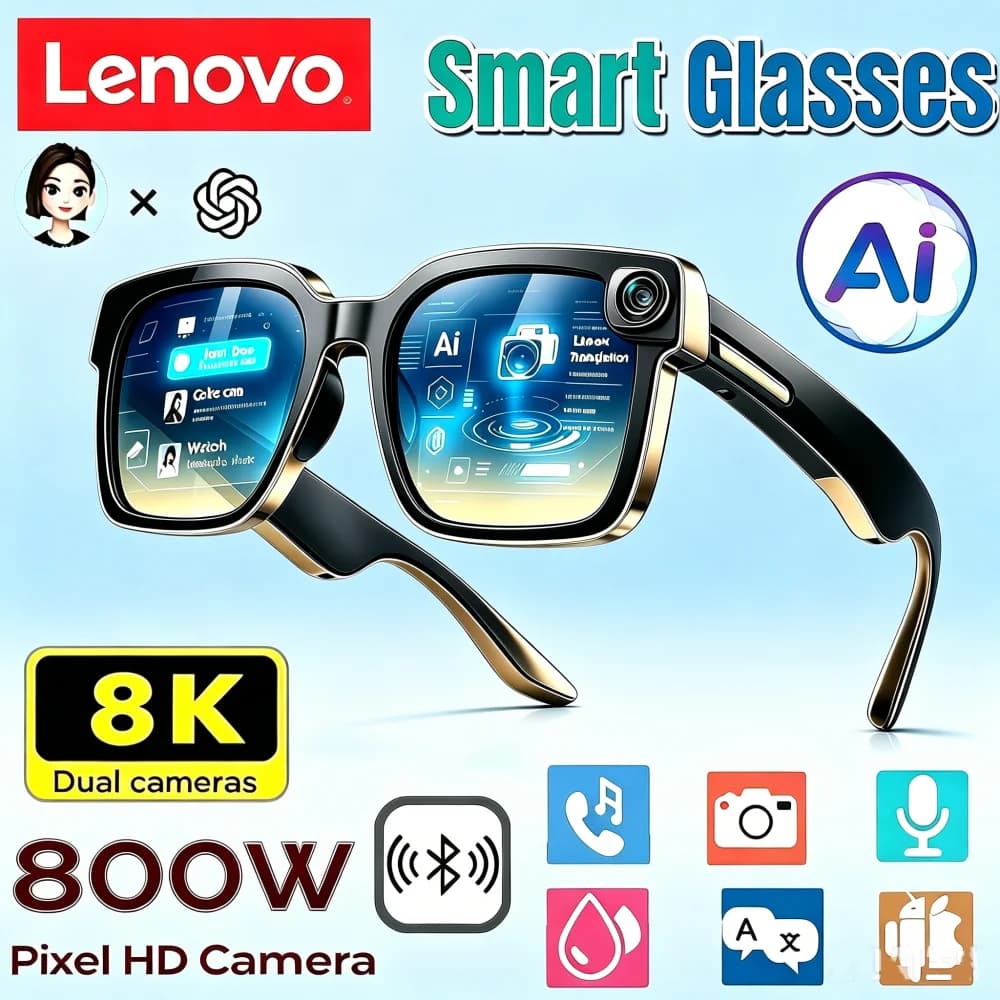 Occhiali Smart AI Lenovo 800W HD 8K con Fotocamera per Riprese, Foto, Video, Chiamate Vocali, Traduzione, Bluetooth, Occhiali AI per Moto - Versione