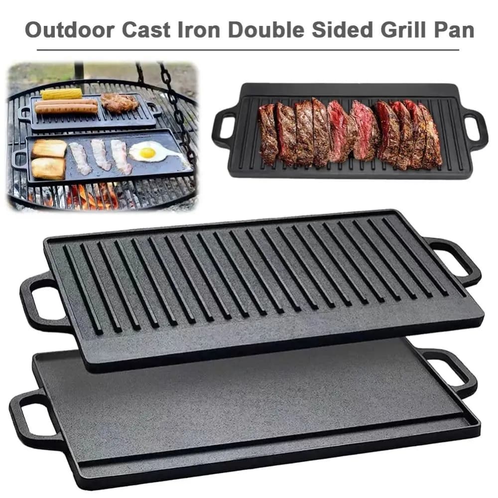 Piastra per Griglia in Ghisa a Doppia Faccia, Rettangolare, Reversibile, con Superficie Striata Resistente, per Barbecue e Campeggio