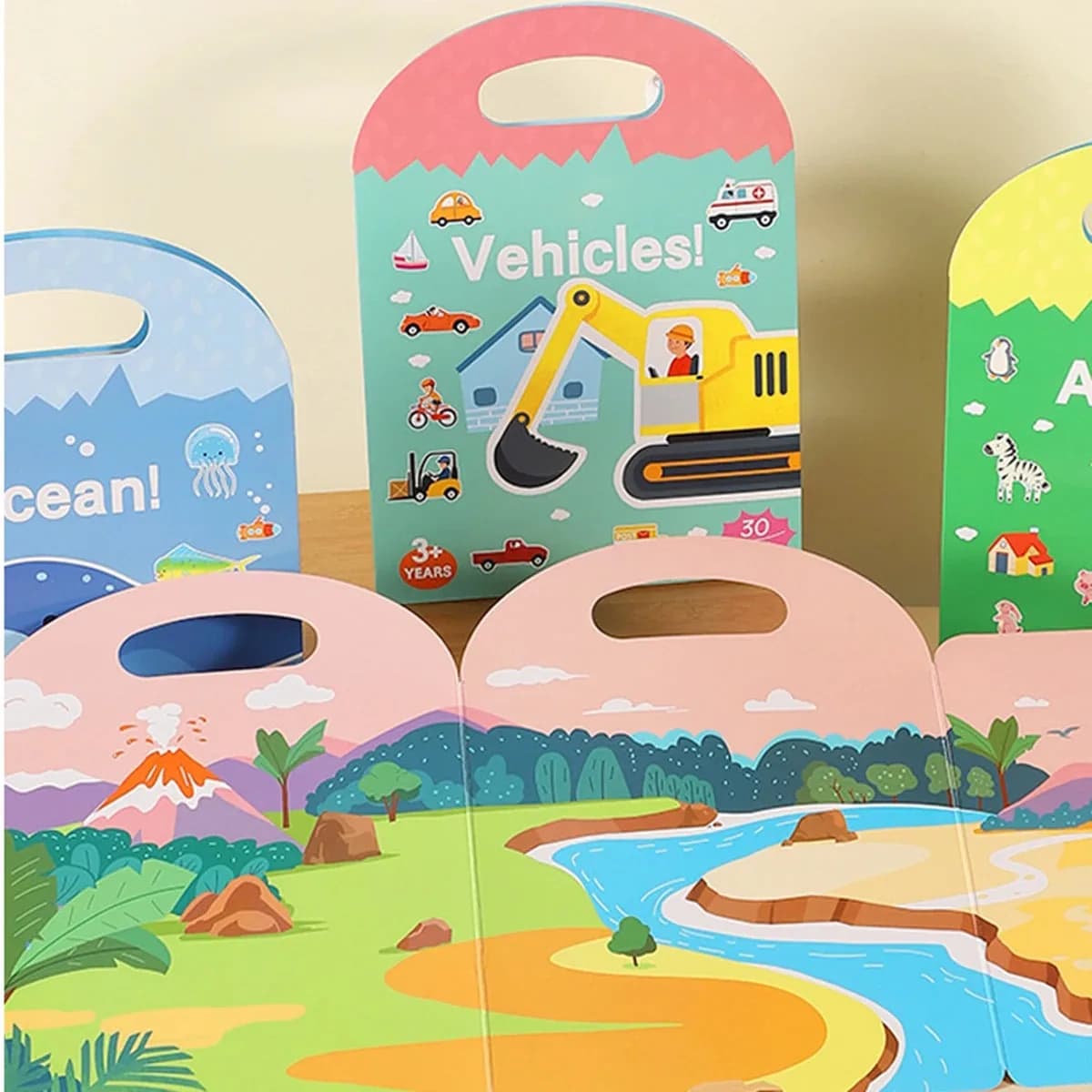 Libri di Adesivi Portatili Silenziosi in Gelatina, Libri di Adesivi 3D Riutilizzabili, Adesivi Educativi da Viaggio con Animali, Dinosauri, Mondo