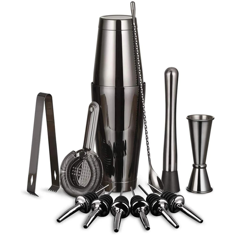 Set cocktail shaker bar: 2 shaker Boston ponderati, colino da cocktail, jigger, tritacarne e cucchiaio, pinza per ghiaccio e versatore da 6 bottiglie