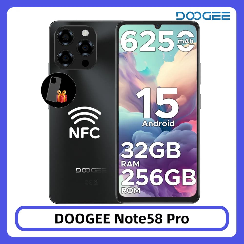 DOOGEE Note58 Pro Smartphone 32GB 256GB 6.75 "HD+ 90Hz 6250mAh Batteria grande Fotocamera da 16MP Impronte digitali Android15 NFC Cellulare