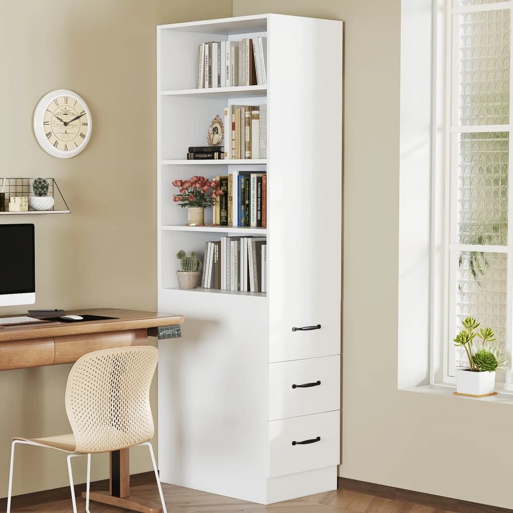 PINGGO Libreria Extra Stretta 180cm con Cassetti Laterali, Ripiani Regolabili, Credenza con Funzione di Scambio Sinistra-Destra per Soggiorno