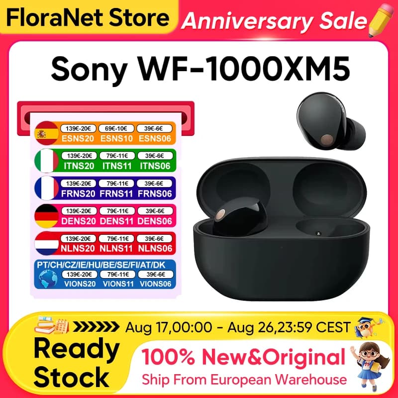 Auricolari True Wireless Originali Sony WF-1000XM5 con Driver Dinamico da 8,4mm, Cancellazione Attiva del Rumore (ANC), 24 Ore di Autonomia, IPX4,