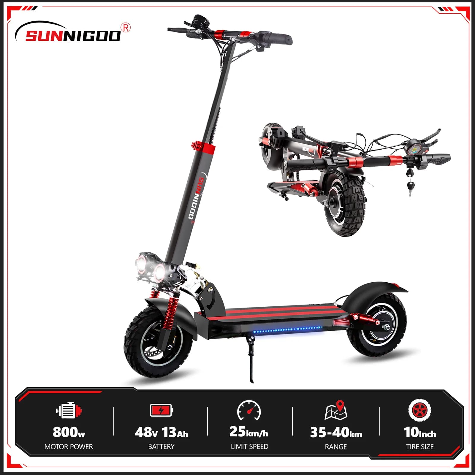 SUNNIGOO N3MAX Scooter Elettrico per Adulti Motore 800W Batteria 48V13Ah, Doppio Freno Idraulico, E Scooter Crociera Automatica, Pneumatico da 10"