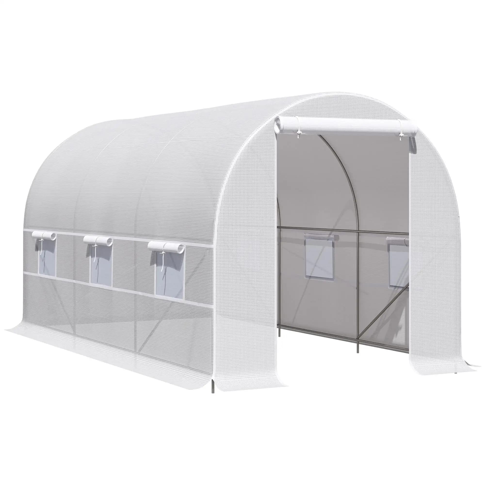 Tunnel da Giardino – 400x200x200 cm, telaio in acciaio con rivestimento in PE, 140 g/m², resistente ai raggi UV, bianco, con 6 finestre e porta