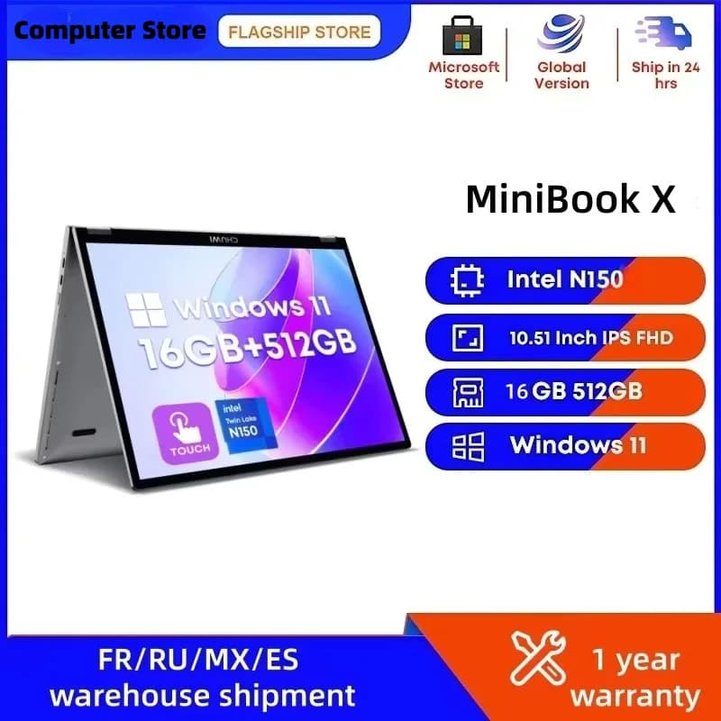 CHUWI MiniBook X Tablet Laptop 2-in-1 con Schermo Touch, Intel N150, 16GB LPDDR5, 512GB SSD, 10.51'' 2K FHD, WiFi6, Windows 11