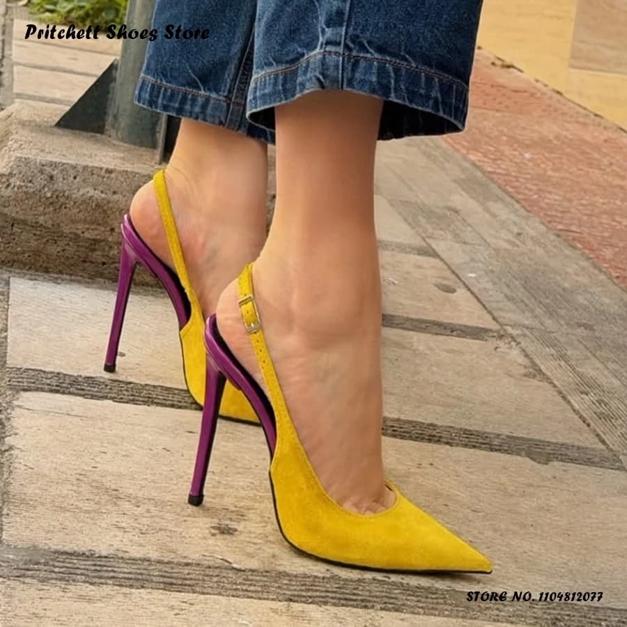 Décolleté da donna patchwork con cinturino posteriore, eleganti, con fibbia, in pelle scamosciata, tacco alto, punta affusolata, tacco sottile,